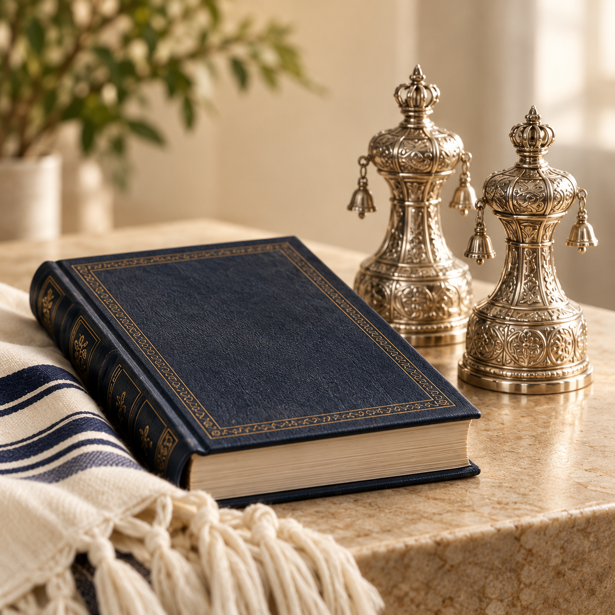 Silver Torah finials, a navy prayer book, and a tallit
